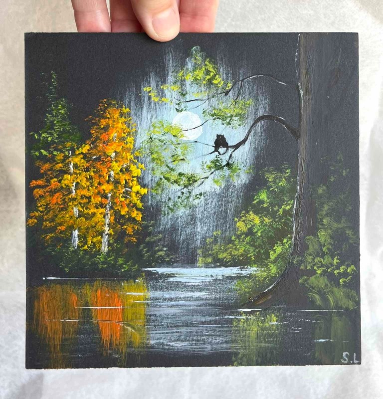Autumn Original Oil Painting Landscape Kitties in Love Small Wall ART 6 x 6 in
