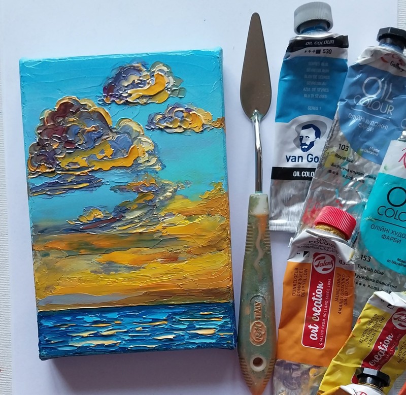 Mini Canvas Seascape Sunset Golden Clouds Over Sea 4x6" Original Oil Painting gallery