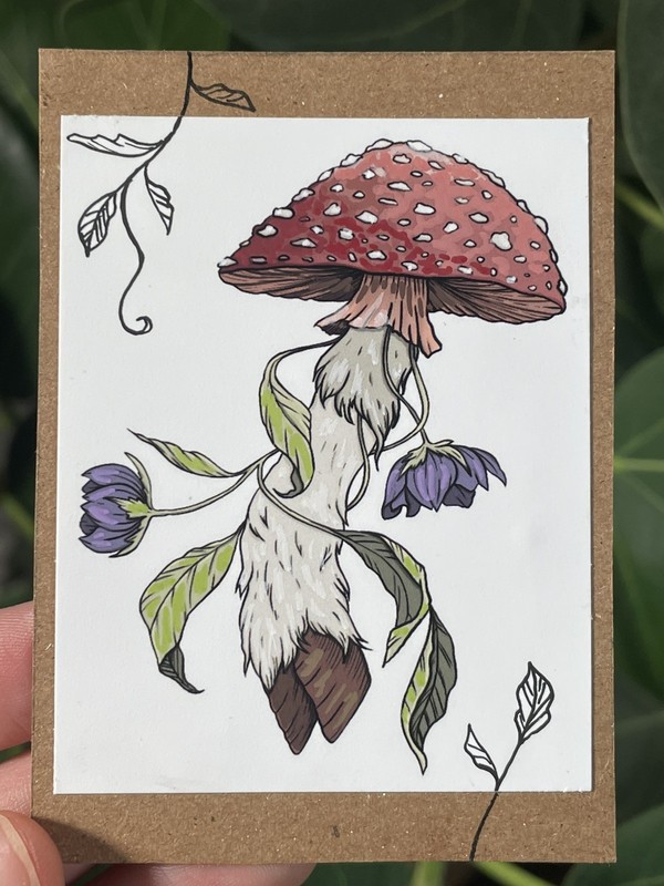 Unique ACEO PRINT floral witchy Goat foot mushroom OOAK fantasy magic nature art