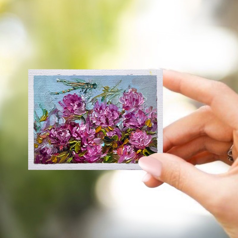ACEO Original Oil Painting Clover18 Flowers Dragonfly Art Cards 3.5×2.5 OS
