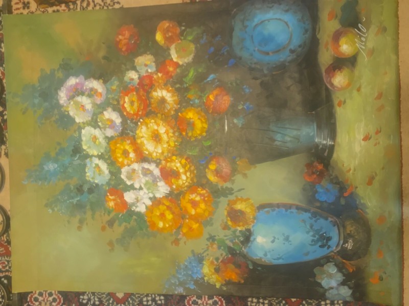Huge Milo "Still Life With Flowers Scene" Oil Painting In Metal Hanging Bracket gallery
