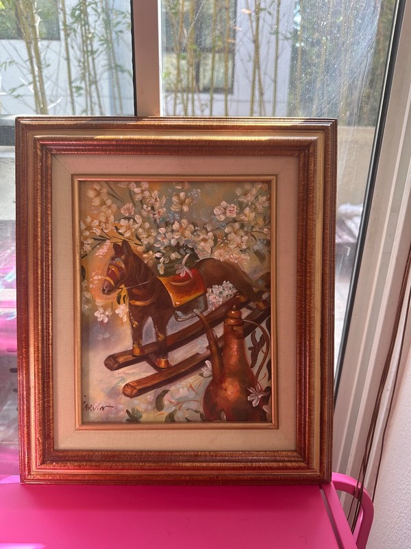 Barbara Garvin? Oil On Canvas Framed Still Life Painting Rocking Horse