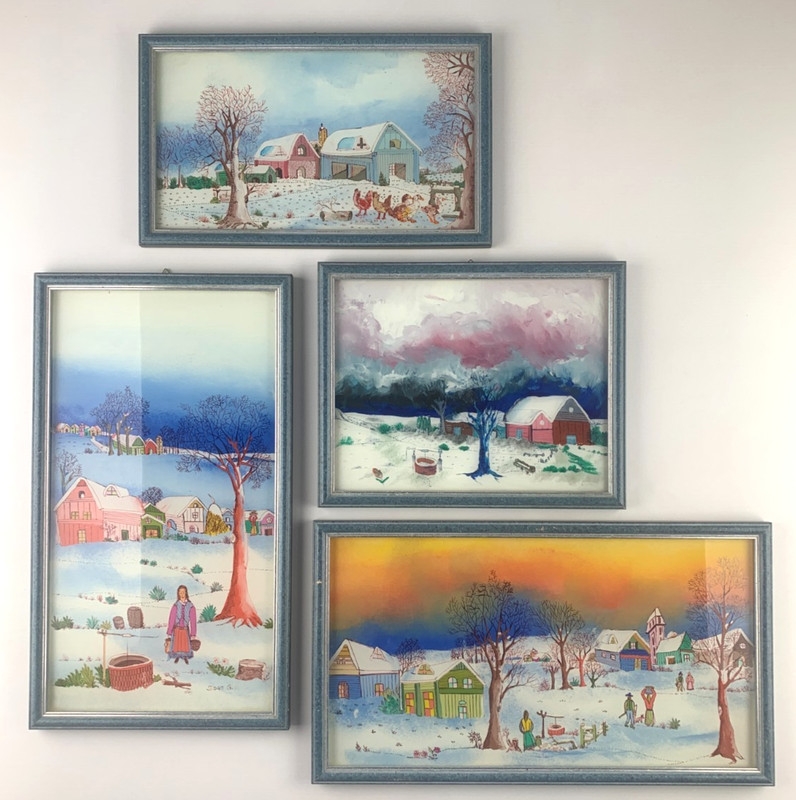 Naive Back Stained Glass Set of 4 Signed Winter in the Country Village From Estate