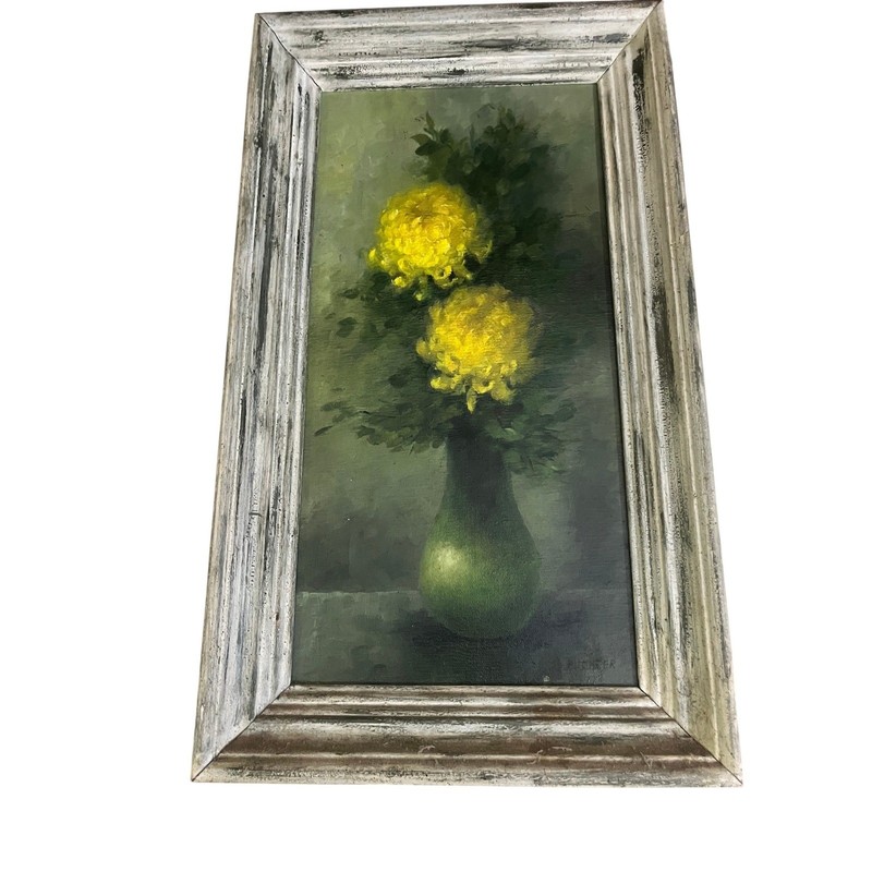 Vintage Richter Signed Flor Oil Painting Yellow Chrysanthemums Green Vase Framed
