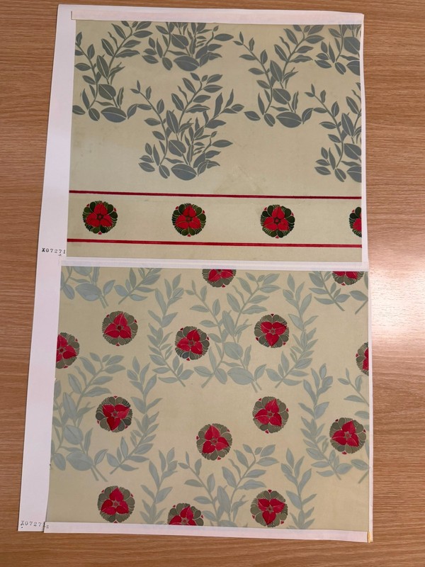 Original Gouache Textile Design X07271 Leaf Vine Rosette Border Two-Panel Study