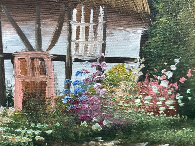 Large Oil On Canvas Charming Garden Tudor Cottage Thatched Roof Signed 29" frame gallery