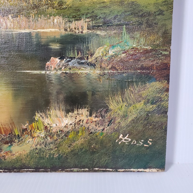 H Ross Signed 30x24 Vtg 1980s Oil Canvas Landscape Painting Mountains River Wood gallery