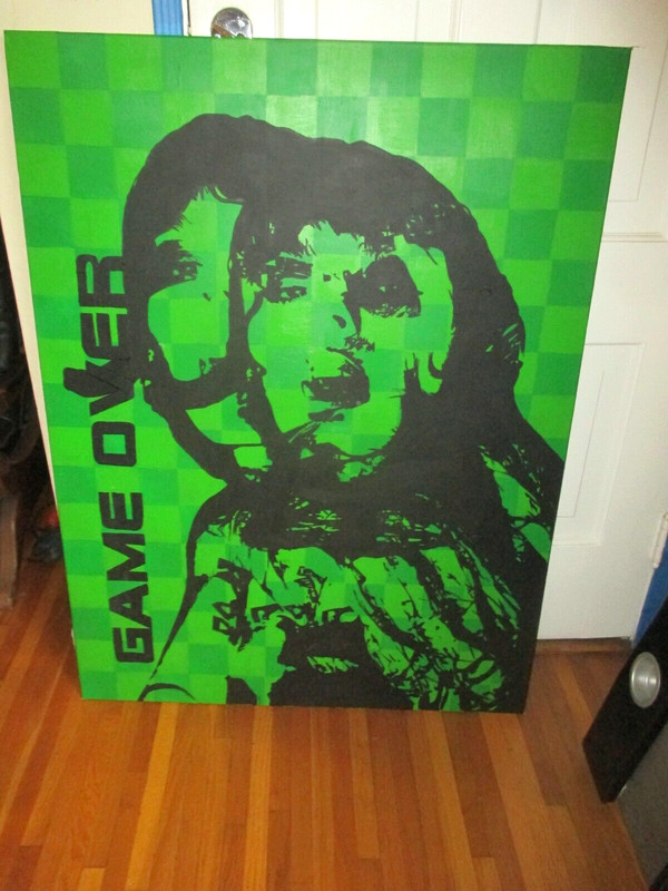 LARGE POP ART GAME OVER GAMER GIRL GOTHIC PUNK GREEN/BLACK PAINTING PICK UP ONLY