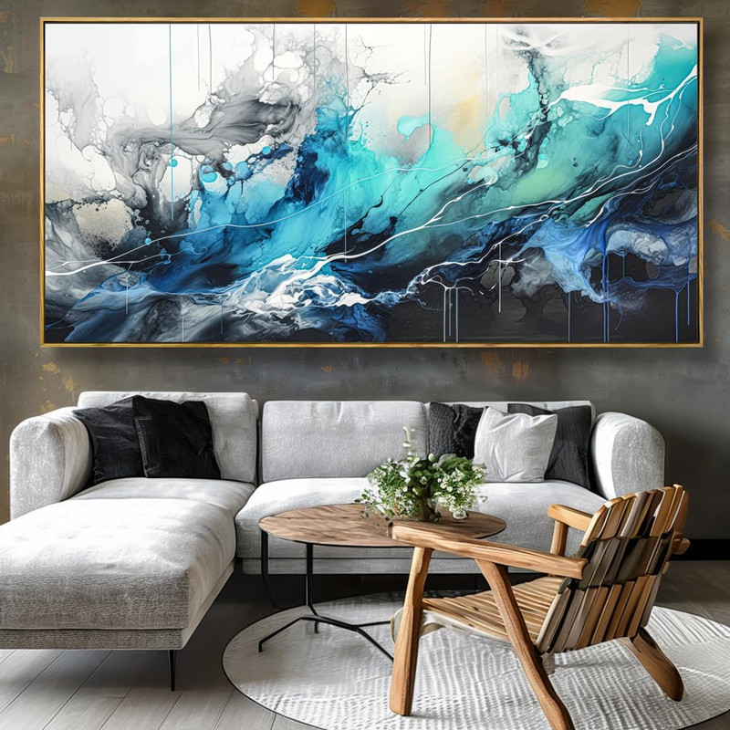 Teal Blue Abstract Canvas Wall Art Framed 30"x60" for Home Decor gallery