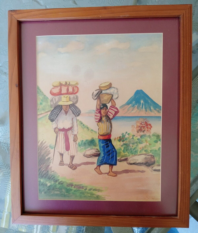 Guatemalan Man and Woman on Path – Solola. Painting. Cypress Frame