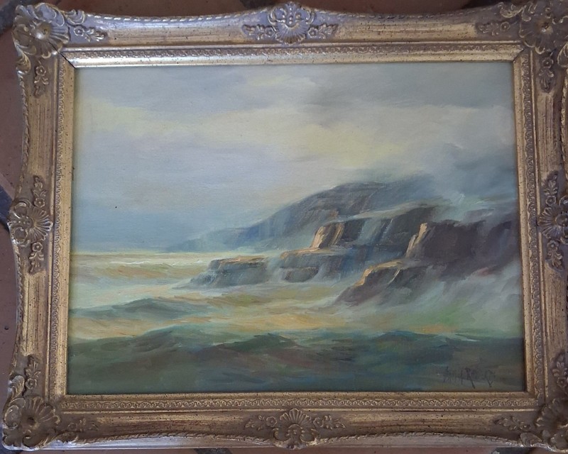 Sam A Roɓerts Painting On 12×16 Canvas Of Ocean Sea Rocks Gold Vintage Frame