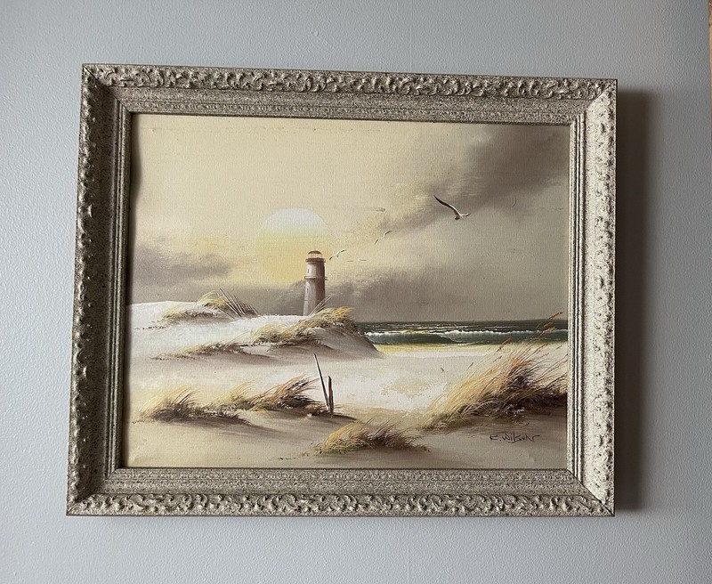 Vintage Original SIGNED Silvery Moon Beach Seascape STORMY OCEAN Waves FRAMED