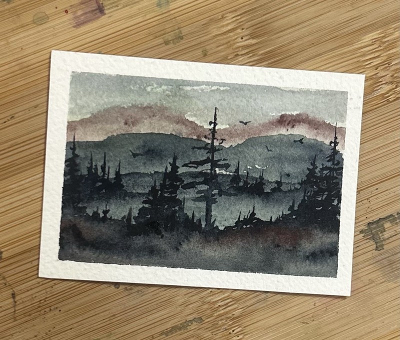 ACEO Morning Lake Landscape Abstract Watercolor Painting By Sasha Lehto