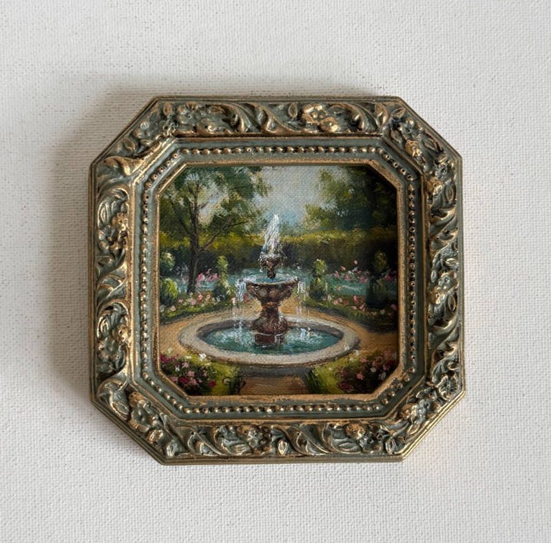 French Garden Landscape Original Oil Painting – Miniature Collectible Wall Art