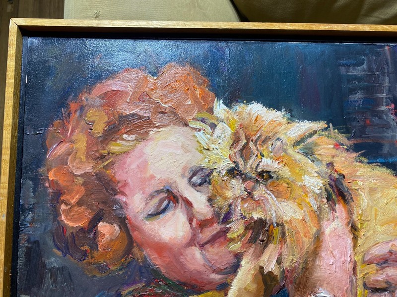 Maryann Matlock-Hinkle (1941 - 2008) "A Woman & Her Cats " Diptych Oil Painting gallery
