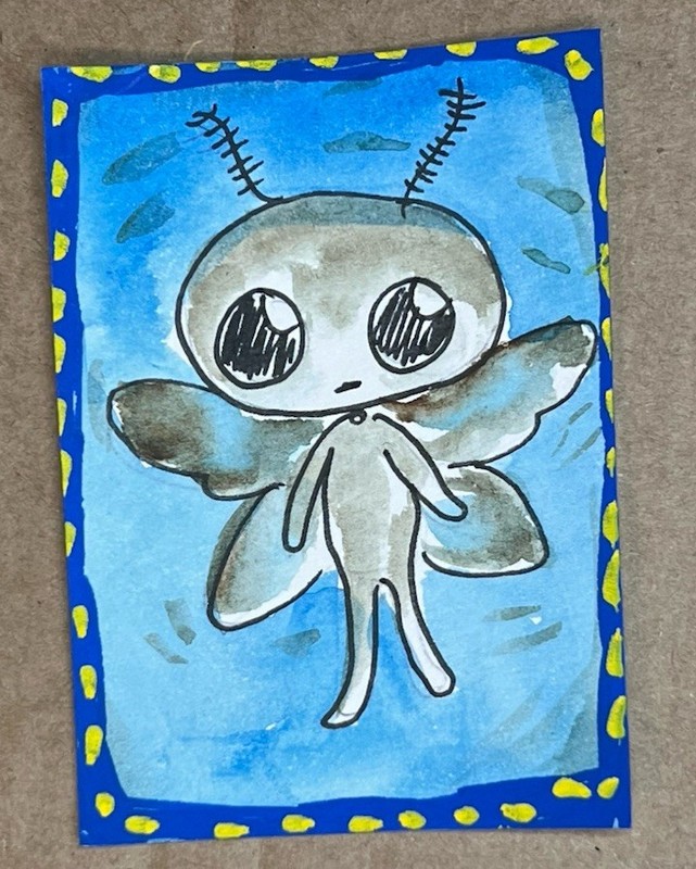 ACEO Painting Moth man Cryptids, Magical Nutkins-nest Halloween