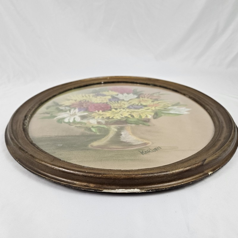 Vintage Floral Pastel Still Life Painting Oval Wood Framed Victorian Signed gallery