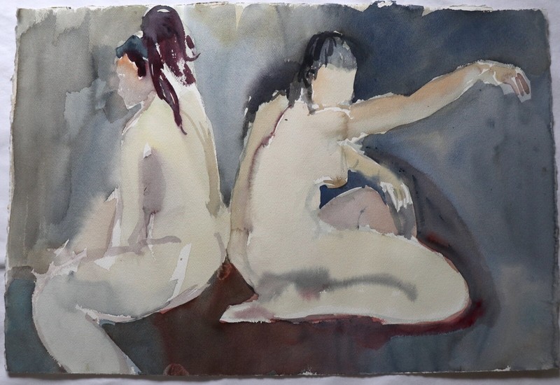 Vintage Double Nude Figural Water-Color Painting – NY Artist Gabriele Margules
