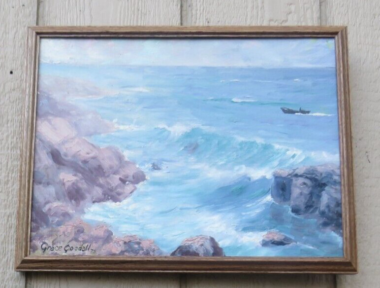 NICE FRAMED OIL ON BOARD ENTITLED A HAZY DAY AT NEIL’S HARBOUR BY GRACE GOODALL