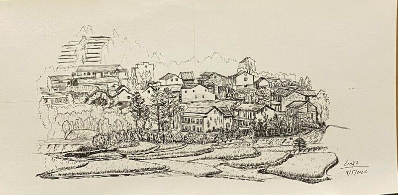 Pen and Ink Quick Drawing Landscape on Conson Paper 9×18″