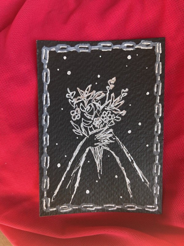 ACEO Original Art Flower Bouquet Chain Silver Black Metallic 3.5×2.5 Mixed Media