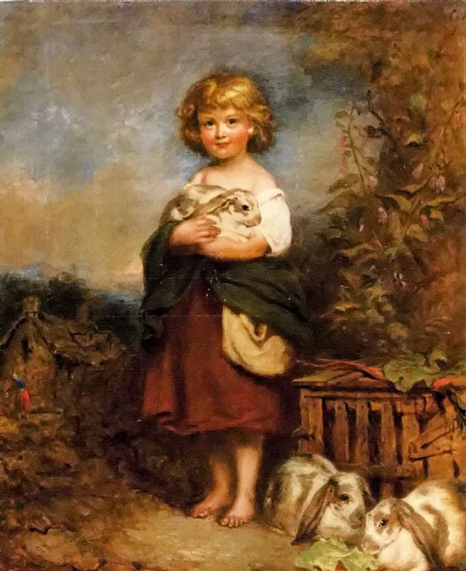 Oil painting richard buckner – the pet rabbit young girl with animals landscape