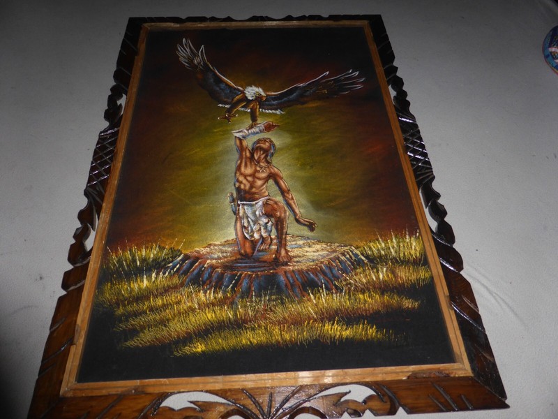 FRAMED ERNESTO SANCHEZ ACRYLIC VELVET WESTERN PAINTING INDIAN EAGLE SIGNED ART