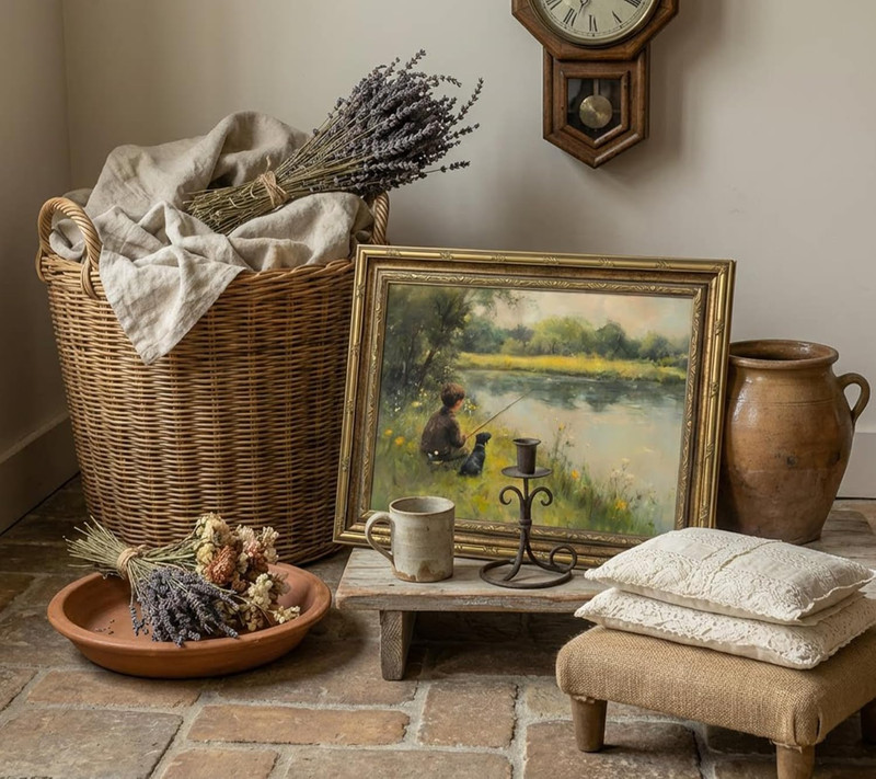 Vintage Gold Framed Wall Art Boy Fishing Country Painting Picture Peaceful Lake gallery