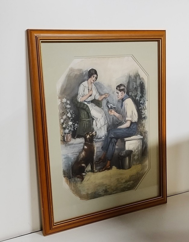 Hubert Coleman Signed Gouache Painting Norman Rockwell Style Couple W Dog 25x30 gallery