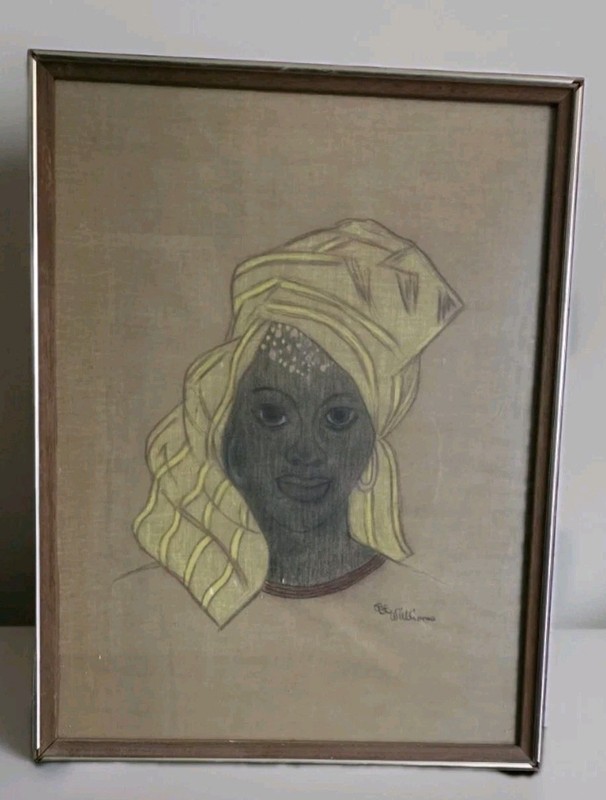 ​VTG Mid Century Modern African Portrait Art Drawing B.E. Williams Canvas 25x19