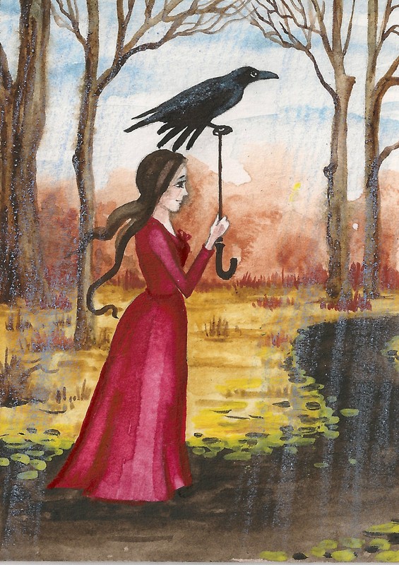 ACEO PRINT OF PAINTING Crow HALLOWEEN Witch Vintage Style Folk Art Gothic Magic