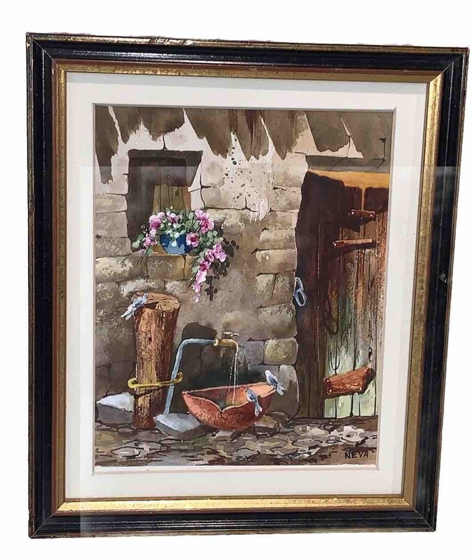 Vtg Neva Birds Pink Flowers Architecture W/C Painting 8.75”W 10.5”T Framed