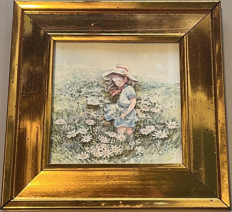 Vintage Art Girl Picking Daisies 3-D Cutout Girl & Flowers on Background Framed