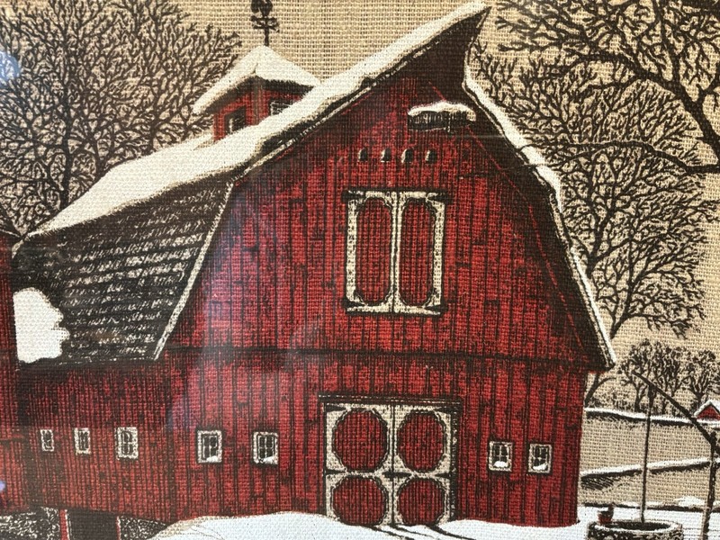 VTG Kay Dee Hand Painted On Linen Framed Snowy Red Barn Farmhouse Country 16x13” gallery