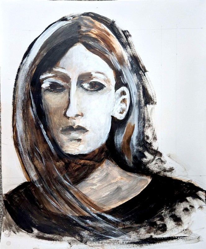 14×16 Original Portrait Acrylic Painting In Black White On Paper Sandra Wilkes