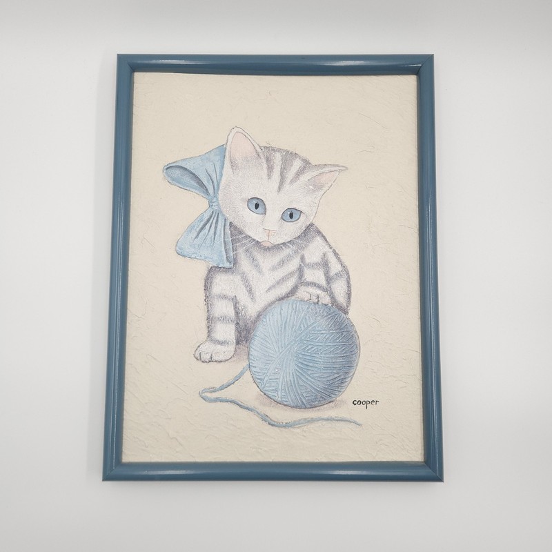 Cat Oil Painting Art Playing With Yarn Blue Eyes Bow Signed Cooper Blue Frame
