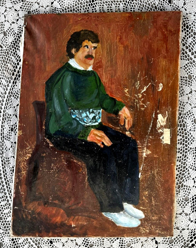 Handmade oil painting man Ukrainian vintage 1960s Length 27inch Width20
