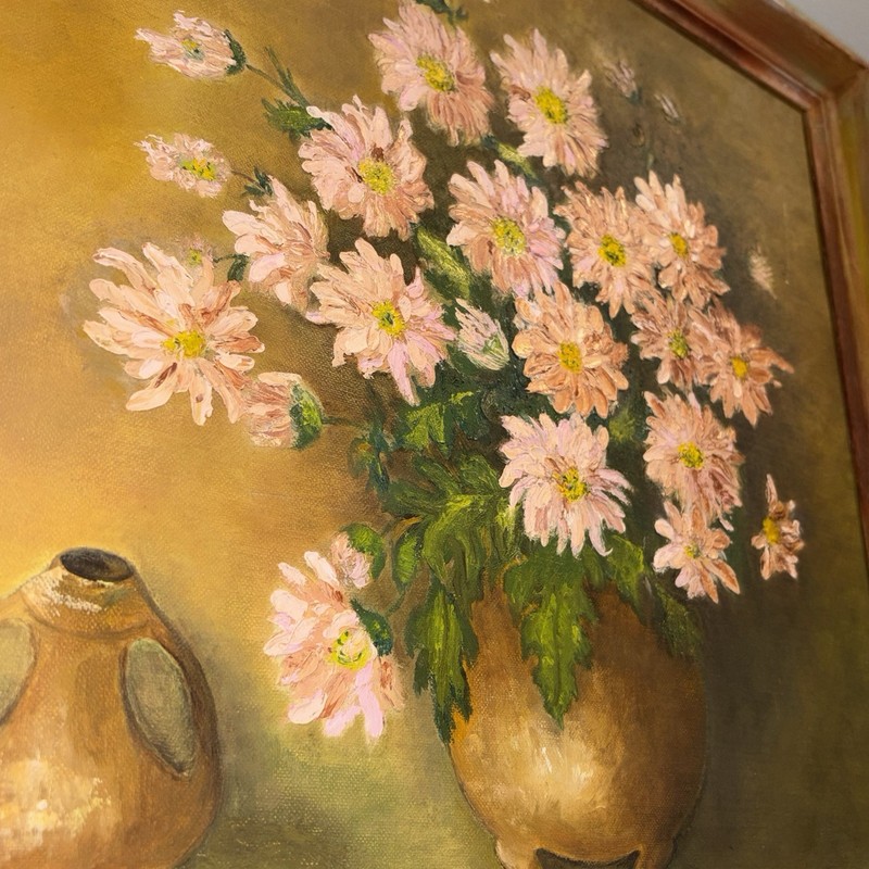 Vintage Floral Still Life Oil Painting Signed Buchanan Pink Chrysanthemums-canva gallery