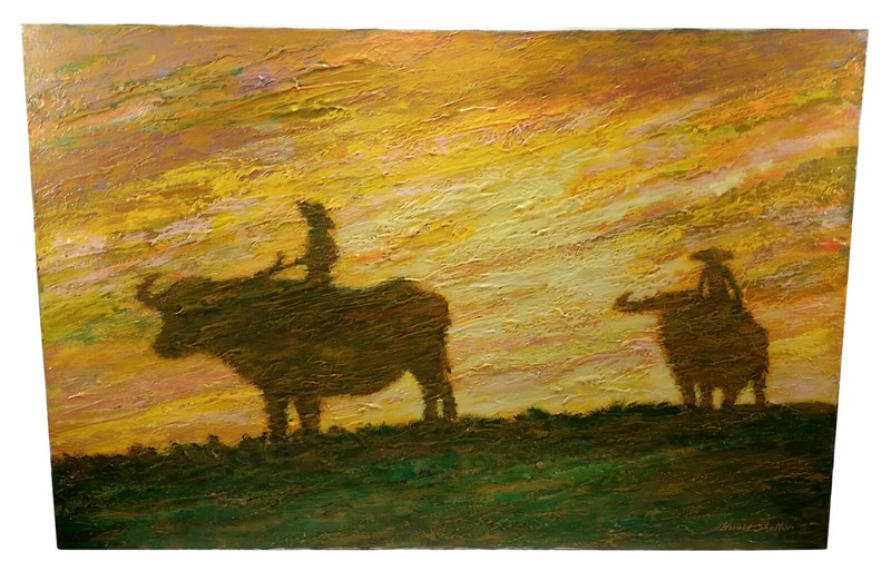 VINTAGE OIL PAINTING ART OX RIDERS SUNSET LANDSCAPE HAROLD SHELTON LISTED ARTIST