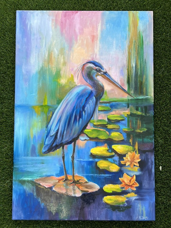 Original painting oil, 20x30 inch, Heron with Lilies, Wall Art Decor, Home Gift gallery