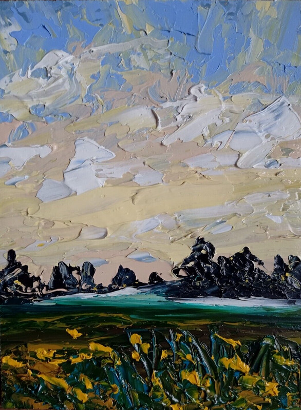 Original Painting Yellow Field Flowers Oil Mountains Landscape Art 8 x 6 inches