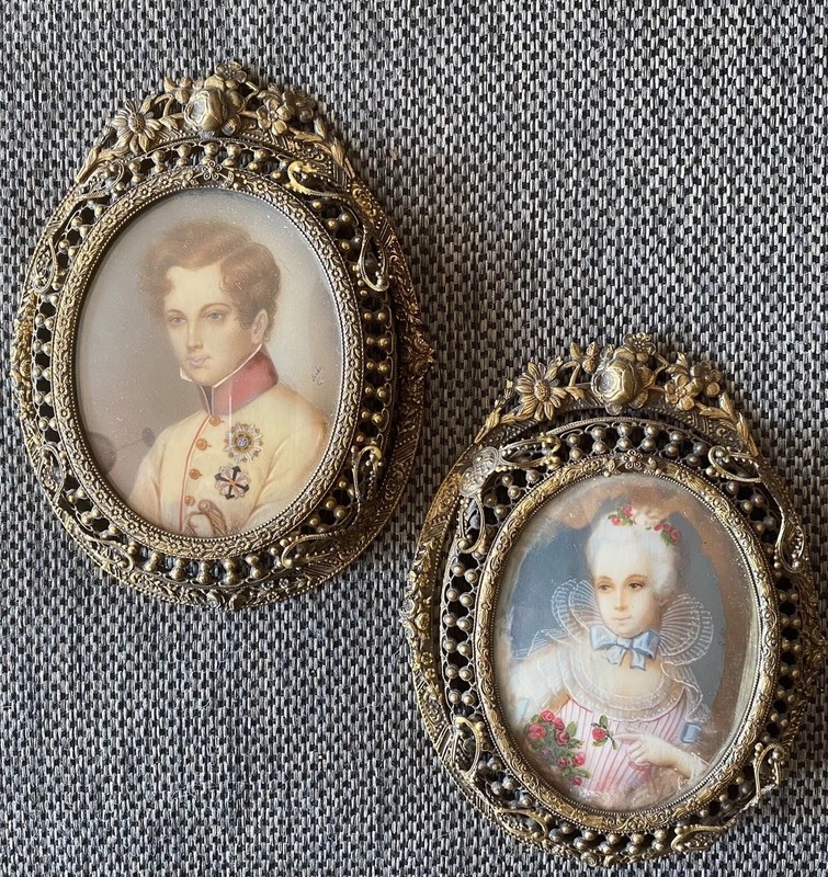 Antique Jean B. Isabey Napoleon II & Marie Antoinette Miniature Portrait 19th c.