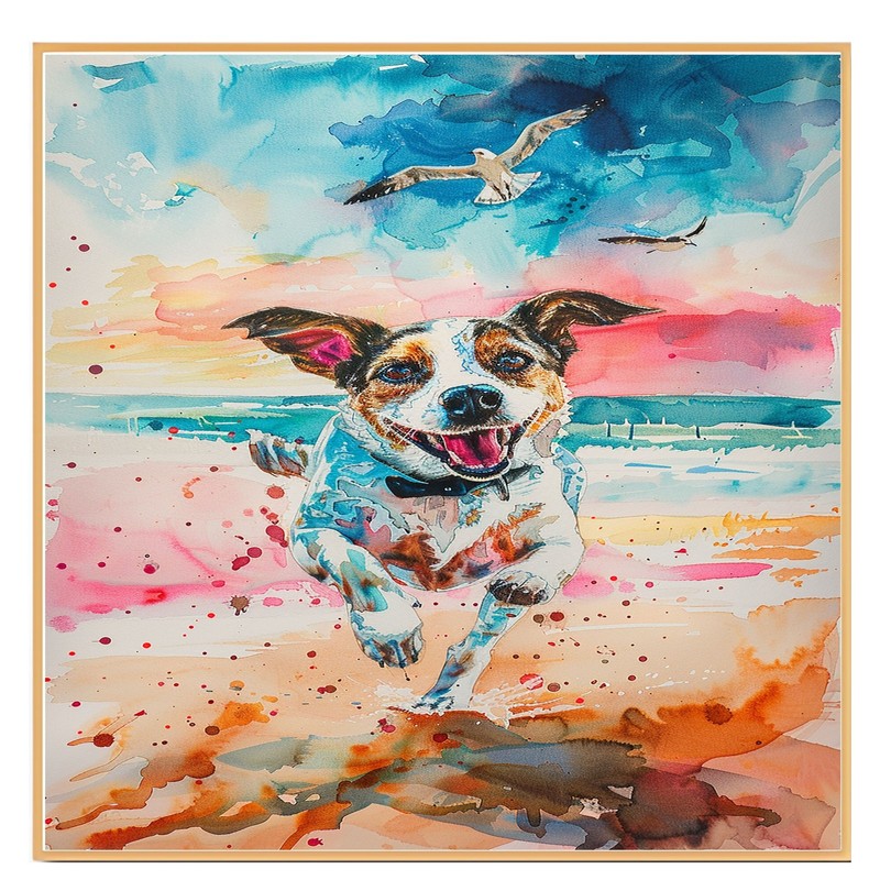 Watercolor Dog Running on Beach with Colorful Sky and Seagulls Pet Wall Art gallery