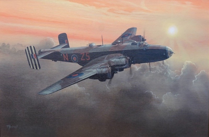 ORIGINAL WW2 AVIATION AIRCRAFT ILLUSTRATION PAINTING WWII RAF HALIFAX BOMBER