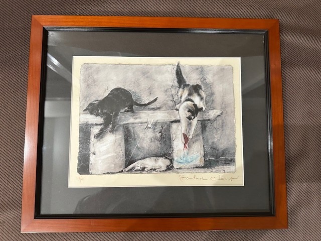 John Cheng FRAMED ART CATS PLAYING Painted Rice Paper Signed Ltd Number 10/45