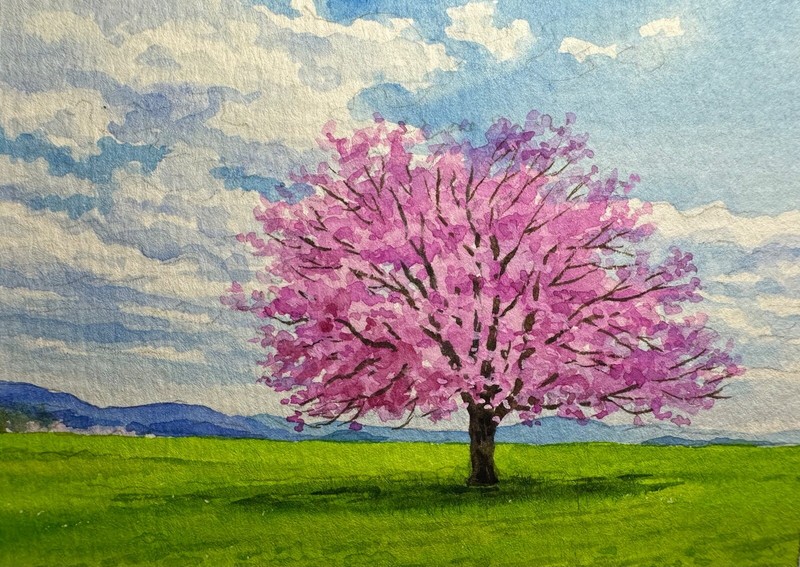 Watercolor Painting Landscape Flowering Blooming Tree Nature Art No.95