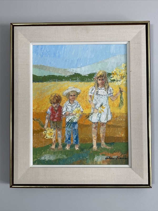 Vintage Signed Hilda (Rubin) Pierce Painting 2 Boys & A Girl Framed «Big Sister»