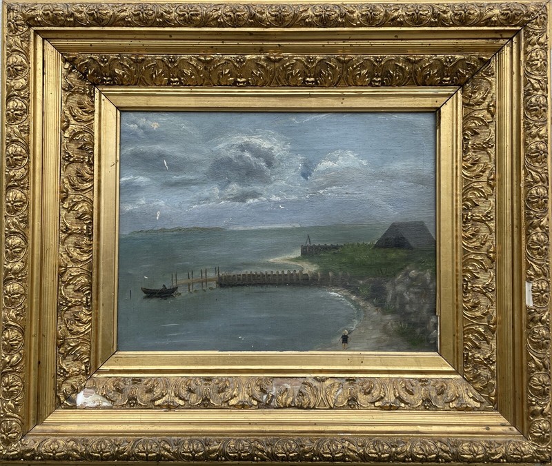 Impressionist Küstenlandschaft Fischerboot am Anleger Mädchen am Strand Haus