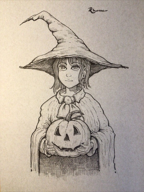 Original Ink Sketch, 9×12 Inches, Halloween Pumpkin And Trick-or-Treater