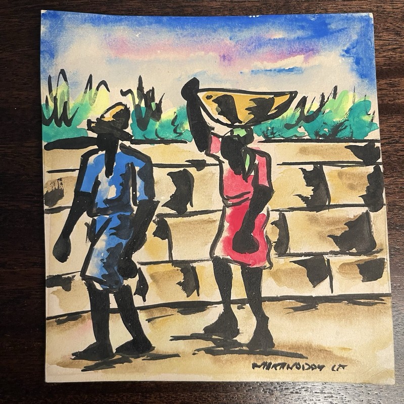 2 Vintage Martino Dorce Haitian Original Watercolor Paintings Signed Small Pair